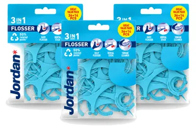 Productafbeelding van 3 x Jordan 3-in-1 Flosser - Tandzijde, tandenstoker en tongschraper - Voordelige verpakking - 3 stuks