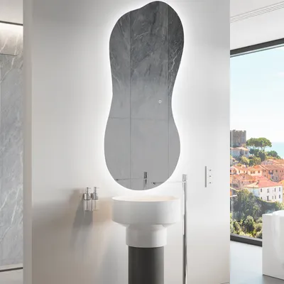 Produktbild von Unregelmäßiger asymmetrischer Spiegel mit LED Beleuchtung 94 x 184 cm - mit LED Beleuchtung - LED Farbe Kaltweiß 7000K - Individuell Nach Maß - Beleuchtet Wandspiegel Lichtspiegel Badezimmerspiegel - Sensor Schalter - KLS221
