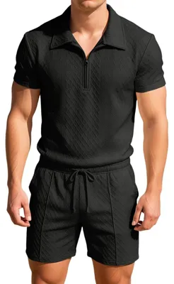 Imagen del producto de Conjunto de verano para hombre de dos piezas: camisa polo de manga corta con cremallera, ideal para un look casual