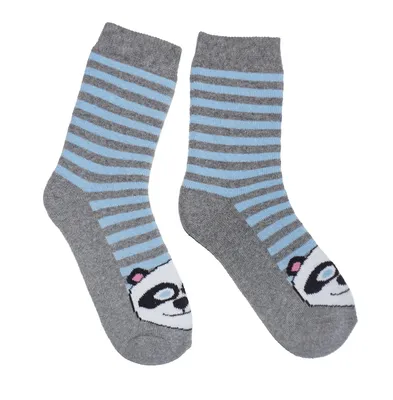 Produktbild von Kinder Plüsch Socken Thermo Voll Frottee aus Baumwolle Panda Blau und Grau Größe 18-19