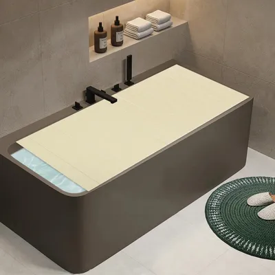 Produktbild von Badewannenablage und Abdeckung - PVC Badewannentablett 70x170 cm - Wasserdicht - Flammhemmend - Holzoptik - Hitzeschutz - Ablage
