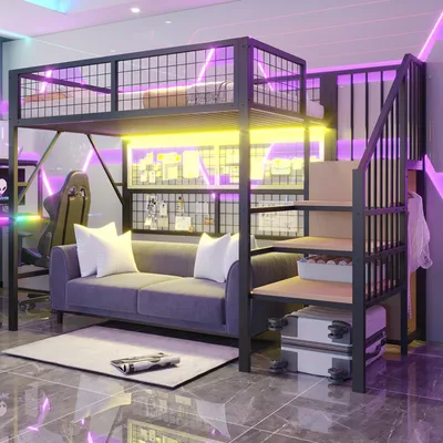 Image de OKWISH Lit Mezzanine 90x200 cm - Lit Double Décoratif avec Éclairage LED et Armoire Ouverte, MDF et Métal, Sans Matelas - Noir