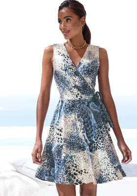 Produktbild von LASCANA Jerseykleid mit V-Ausschnitt und Zierschleife seitlich, mit Animaldruck blau bedruckt Größe 42
