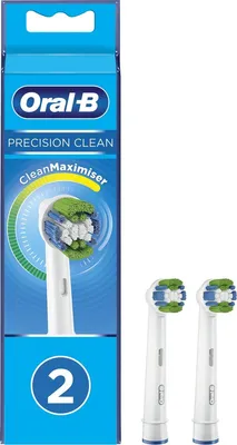 A product shot of Oral-B Precision Clean toothbrush heads in their packaging, with two replacement heads shown separately.