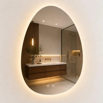 Immagine prodotto di Relaxdays, specchio da bagno "Kiesel", 75x52 cm, specchio LED con intensità regolabile, 3 modalità di illuminazione, antiappannamento, grado di protezione IP44, specchio per il bagno, vetro, Immagine generata dall'IA