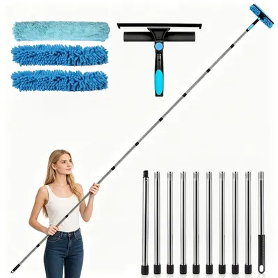 Image de Nettoyeur de vitres 2 en 1 avec manche télescopique de 390 cm, raclette en silicone et moussé en microfibre, pour vitres et surfaces lisses