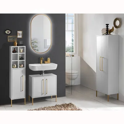 Produktbild von Badezimmer Kombination SARAY-80 in kreideweiß mit Spiegel goldfarben oval und LED Beleuchtung, B/H/T: ca. 102,5/200/30 cm