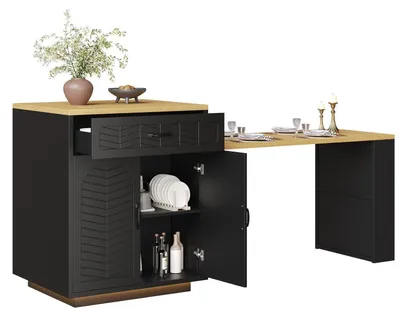 Obrázok produktu pre Kuchynský ostrov s pracovnou doskou, servírovací vozík, výsuvná doska, zásuvky, dvierka, rozmer 141-193,5 x 70 x 95,5 cm, čierna farba