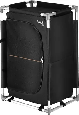 A black camping cabinet with a metal frame.