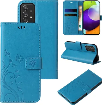 A collage of images showing a blue flip phone case with a floral and butterfly design from multiple angles.