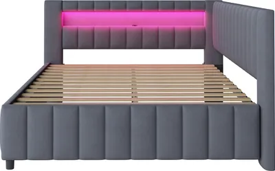 Produktbild von okwish Daybett Polsterbett 140x200, Schlafsofa mit LED-Licht und USB-Ladeanschluss, mit Rückenlehne und Kopfteil,Samtstoff,Dunkelgrau-Ohne Matratze