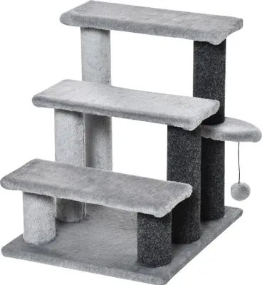 Produktbild von PawHut Katzentreppe 3-stufige Haustiertreppe mit Kratzsäulen Ball Hundetreppe Tiertreppe für Katzen bis 5 kg Plüsch Jute Grau 45 x 40 x 48 cm