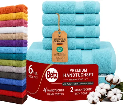 Produktbild von Betz 6er Handtuch Set Premium – 4 Handtücher 50x100 cm – 2 Duschtücher 70x140 cm - 100% Baumwolle – Frottee Handtücher für Bad, Gäste & Alltag -türkis
