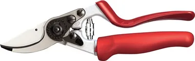 A pair of red and silver pruning shears against a white background.