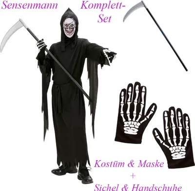 Produktbild von Kinder Komplett Set Sensenmann Kostüm + Skelett Handschuhe & Sichel # Gr. 128