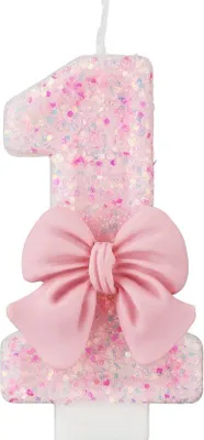 Productafbeelding van Famanu verjaardagskaars, nummer 1 - Roze, 7,5 cm, met strikversiering