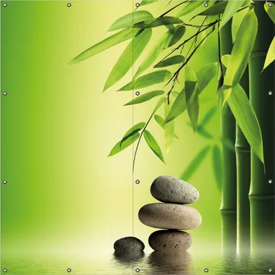 Produktbild von Wallario Outdoor-Poster für Garten oder Balkon, Motiv Steinstapel im Grünen, in ca. 180 x 180 cm