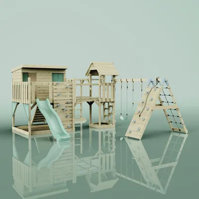 Produktbild von OutdoorToys Spielturm Malin aus Holz in Grün Trapezschaukel