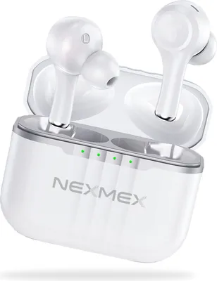 A pair of white wireless earbuds and their charging case.