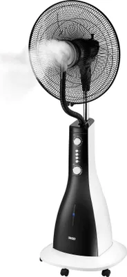 Der Unold STANDVENTILATOR NEBULA ist ein schwarz-weißer Stand-Nebelventilator mit Bedienknöpfen und 