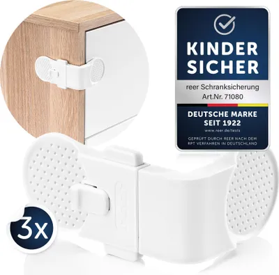 Produktbild von reer Schrank- und Schubladensicherung, 3 Kleberiegel, Kinderschutz, Weiß