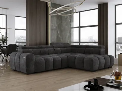 Obrázok produktu pre DomoHome Voľne stojaca rohová pohovka Ombo 297x137cm, tvar L, ČIERNA s funkciou spania 125x193cm, pohovka s nastaviteľným operadlom, textúrovaná látka Eden, nastaviteľná opierka hlavy