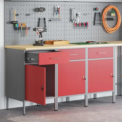 Immagine prodotto di Banco da lavoro con cassetti, 3 pezzi, rosso e grigio, 150 x 55 x 85 cm