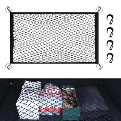 Immagine prodotto di Rete per bagagliaio auto, 60x40 cm, adatta anche per camper, rete elastica con 4 ganci, dimensioni massime fino a 120x80 cm, realizzata in poliestere