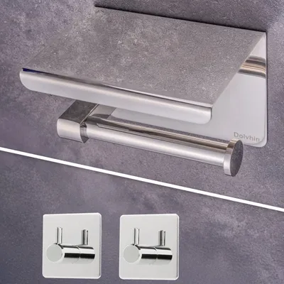 Produktbild von Dolvhin Toilettenpapierhalter ohne Bohren & 2 Handtuchhaken | Klopapierhalter mit Ablage | Klorollenhalter selbstklebend Edelstahl | Chrom Poliert