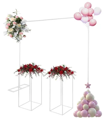 Produktbild von Metall Hochzeitsbogen - Quadratischer Ballonständer 2x2 m mit 2 Blumenständern 80 cm - Stahlrahmen für Hochzeit, Party und Fotohintergrund - Weiß
