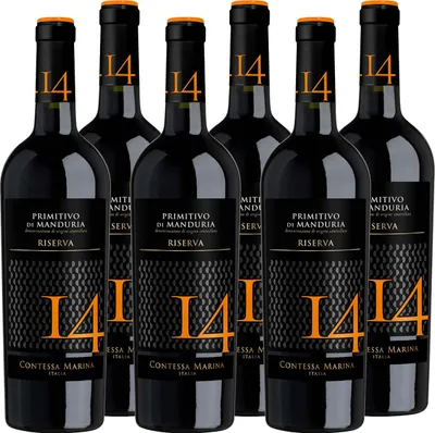 Produktbild von Primitivo di Manduria DOC Riserva 14 Contessa Marina Apulien Rotwein trocken (6 x 0,75 l)
