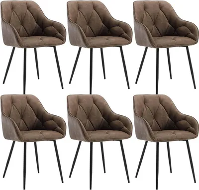 Six brown dining chairs arranged in two rows of three against a white background.