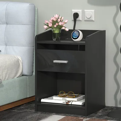Produktbild von Nachttisch mit Steckdose & USB, LED Nachtschrank mit 1 Schubladen, 2 AC-Steckdosen, 2 USB-Anschlüsse, LED-Beleuchtung 16 Farbe Schwarz