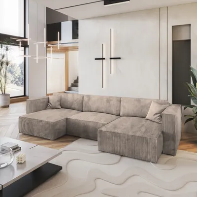 Produktbild von Masseno Ecksofa SARMO P mit Schlaffunktion U-Form, Sofa mit Bettkasten, Wohnzimmersofa, Couch, Soffa, Bettsofa, Couchgarnitur- Beige, POSO 02
