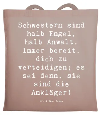 Produktbild von Mr. & Mrs. Panda Jutebeutel Spruch Schwesternwunder - Braun Pastell - Geschenk, familienbeziehung, Laptoptasche, Tasche, Uni, geschwisterstreit, Shopping, Liebe, Tote Bag
