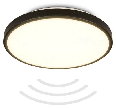 Image de Plafonnier LED avec détecteur de mouvement et crépusculaire, 13W 1300lm Lumière blanche chaude 3000K, IP54, Portée 3m, diamètre 29cm, lampe de plafond noire