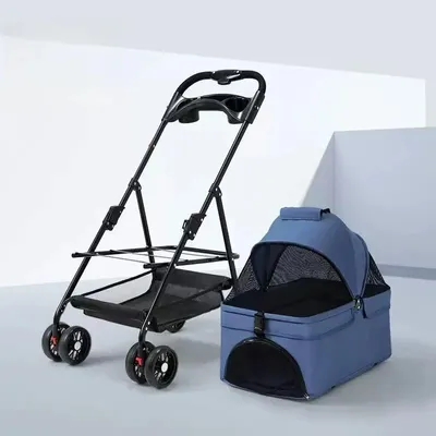 Zdjęcie produktu dla Składany wózek dla zwierząt domowych - wózek dla psów i kotów - 72 x 50 x 95 cm - materiał Oxford 600D - stalowa rama - kosz na przechowywanie - koła z hamulcem - kolor niebieski