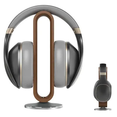 A pair of headphones is displayed on a wooden stand, with a smaller, separate view of the headphones on the right.