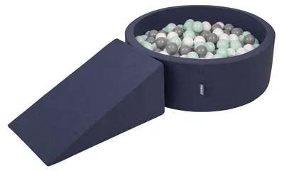 Produktbild von KiddyMoon spielplatz aus schaumstoff mit rund bällebad (100 bälle) ballgruben für babys spielbad hindernisläufen, hergestellt in der eu, dunkelblau:weiß/grau/minze