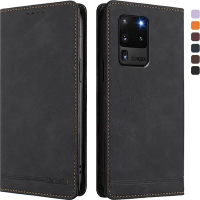 Produktbild von Hülle für Samsung Galaxy S20 Ultra 5G, Retro Kunstleder Ständer Klapphülle mit Kartenfächer und Magnetische Schwarz