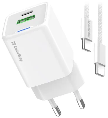 Zdjęcie produktu dla COLORWAY 1x USB-C/ ładowarka ścienna/ GaN/ PD/ PPS/ QC/ 35 W/ w zestawie kabel 100 cm/ biały
