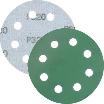 Obrázok produktu pre P320 Brúsny papier, brúsny kotúč - univerzálny (zelený) 125 mm, 8 otvorov, filmový základ - balenie 10 ks