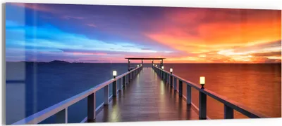 Produktbild von DEQORI Glasbild Echtglas 150x60 cm 'Holzkai am Abend' Wandbild Bild modern Deko