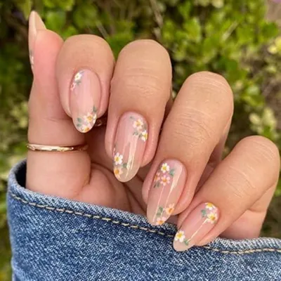 Productafbeelding van Kunstnagels, amandelvorm, 24 stuks, roze met bloemenmotief (gansbloemen), lenteontwerp