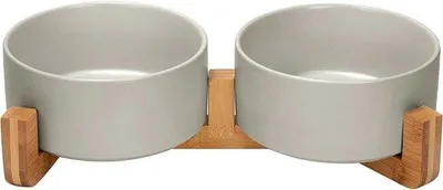 Produktbild von Famanu Futterschüssel Keramik Doppel-Futterschüssel mit Bambusständer für Katzen und Hunde 850 ml Grau