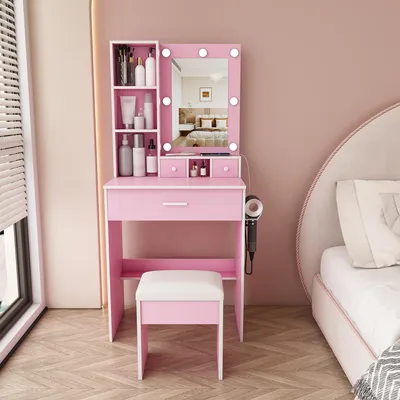 Productafbeelding van Make-up tafel met LED-verlichting en krukje, 60x38x132 cm, roze