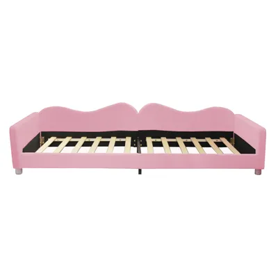 A pink sofa bed with a slatted base is shown from the front against a white background.