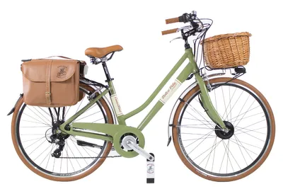 Produktbild von Elektro-Fahrrad Dolce Vita by Canellini  Citybike Frau Aluminium mit Korb und Seitentasche - Olivegrun 46 - Frontmotor