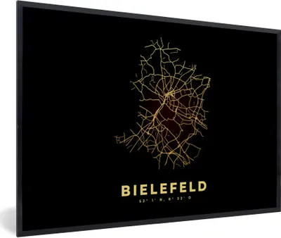 Produktbild von MuchoWow® Gerahmtes Poster Bielefeld - Gold - Karte - Stadtplan 90x60 cm - Poster mit Schwarzem Bilderrahmen Wandposter Rahmen Foto Bilder - Fotorahmen - Foto-Plakat