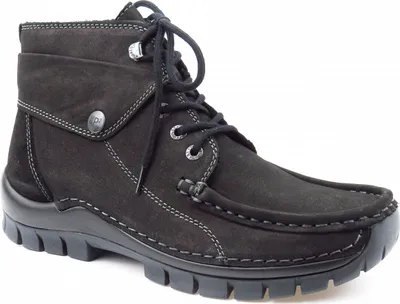 A black suede boot with laces and white stitching.